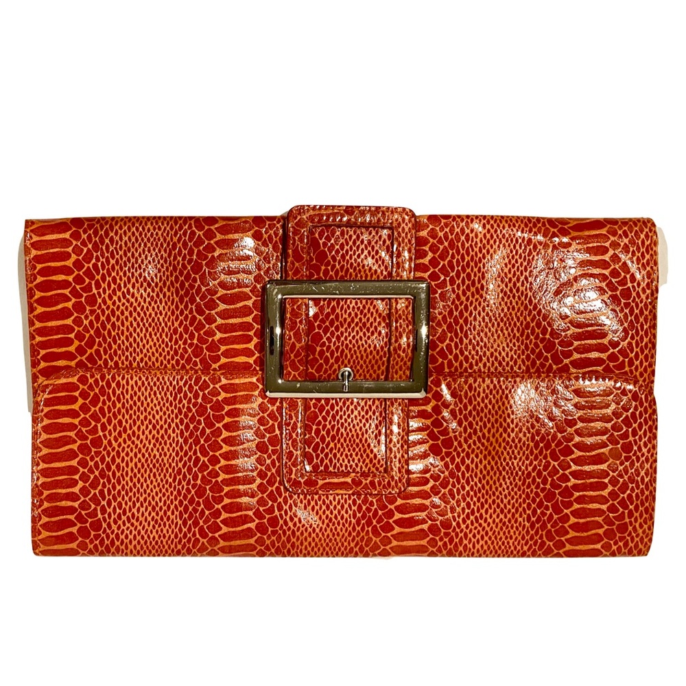 Avenue Orange Crocodile Pattern Clutch with Silver Belt Buckle Purse 8”x14”